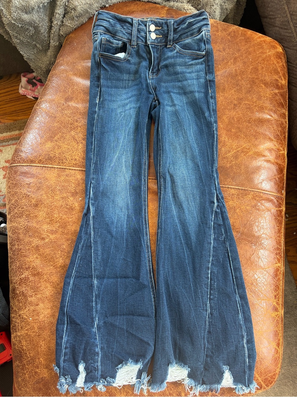 KanCan Dark Wash Flared Jeans with Distressed Hem